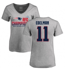 Women's Nike New England Patriots #11 Julian Edelman Heather Gray 2017 AFC Champions V-Neck T-Shirt