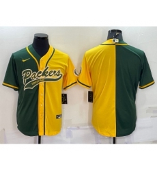 Men's Green Bay Packers Blank Green Yellow Split With Patch Cool Base Stitched Baseball Jersey