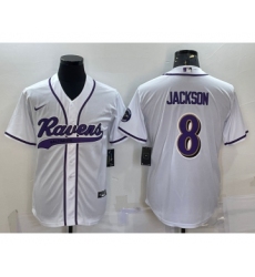 Men's Baltimore Ravens #8 Lamar Jackson White With Patch Cool Base Stitched Baseball Jersey