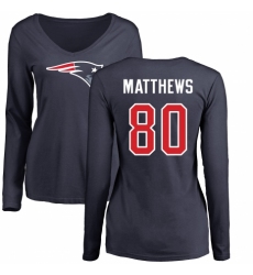 NFL Women's Nike New England Patriots #80 Jordan Matthews Navy Blue Name & Number Logo Slim Fit Long Sleeve T-Shirt