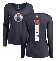 NHL Women's Adidas Edmonton Oilers #75 Evan Bouchard Navy Blue Backer Slim Fit Long Sleeve T-Shirt