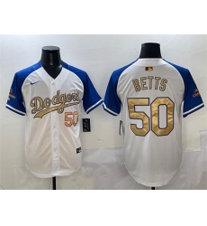 Men's Los Angeles Dodgers #50 Mookie Betts White Royal Gold 2024 World Series Champions Vapor Limited Stitched Baseball Jersey