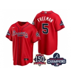 Men's Atlanta Braves #5 Freddie Freeman 2021 Red World Series Champions With 150th Anniversary Patch Cool Base Stitched Jersey