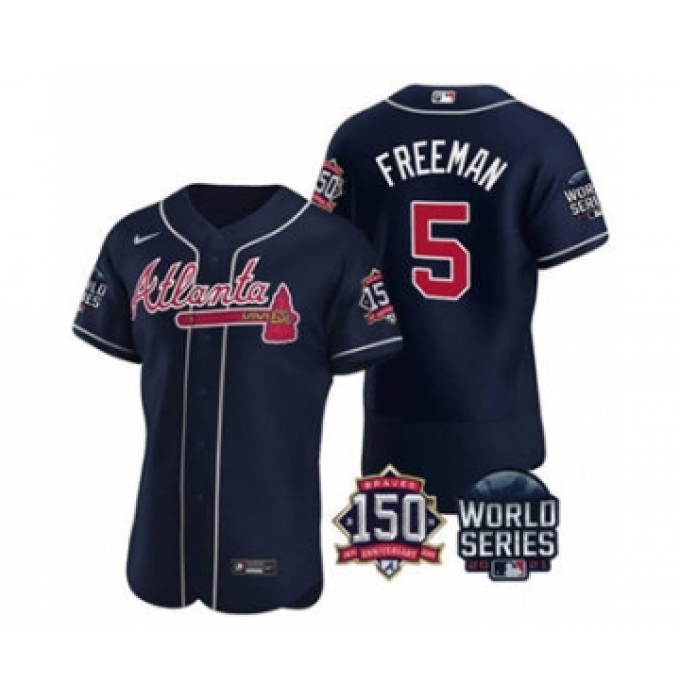 Men's Atlanta Braves #5 Freddie Freeman 2021 Navy World Series Flex Base With 150th Anniversary Patch Baseball Jersey