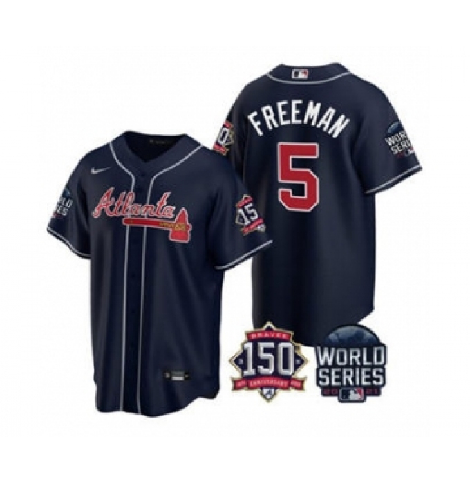 Men's Atlanta Braves #5 Freddie Freeman 2021 Navy World Series With 150th Anniversary Patch Cool Base Baseball Jersey