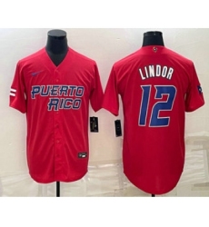 Men's Puerto Rico Baseball #12 Francisco Lindor Number 2023 Red World Baseball Classic Stitched Jersey