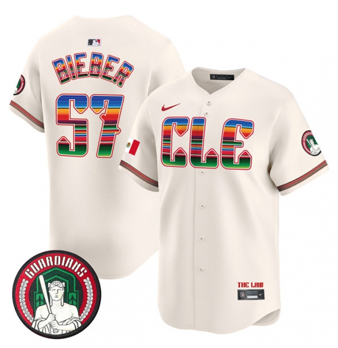 Men's Cleveland Guardians #57 Shane Bieber Cream Mexico Vapor Premier Limited Stitched Baseball Jersey