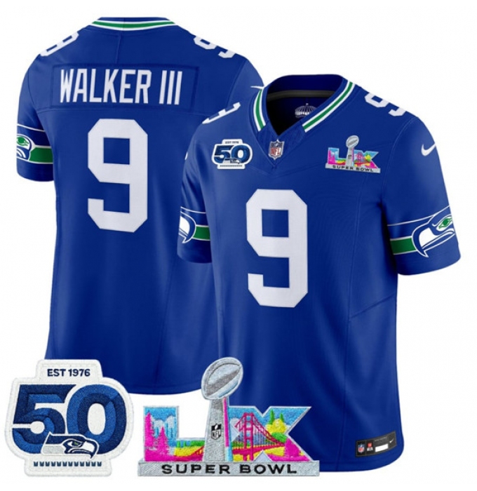 Men's Seattle Seahawks #9 Kenneth Walker III Royal 2025 F.U.S.E. Super Bowl LX And 50th Season Vapor Throwback Limited Football Stitched Jersey