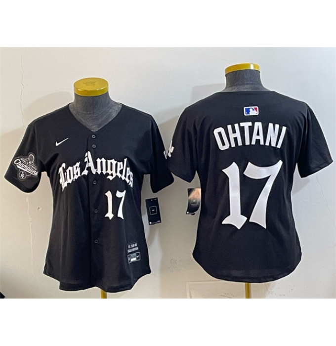 Women's Los Angeles Dodgers #17 Shohei Ohtani Black 2025 World Series Champions LA Gothic Edition Limited Stitched Baseball Jersey(Run Small)