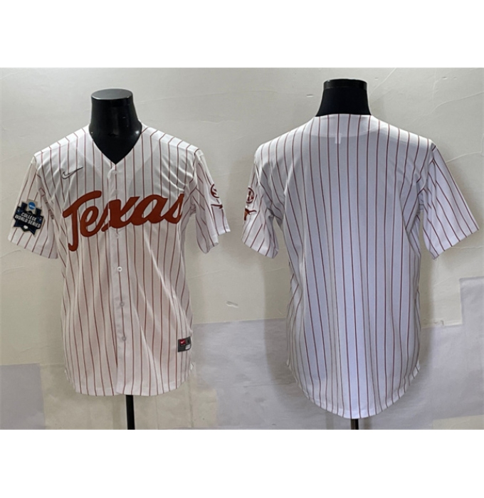 Men's Texas Longhorns Blank White Pinstripe 2025 World Series & SEC Patch Stitched Jersey
