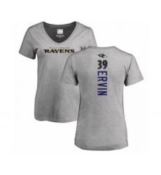 Football Women's Baltimore Ravens #39 Tyler Ervin Ash Backer V-Neck T-Shirt