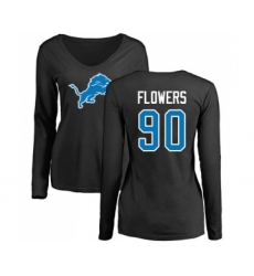 Football Women's Detroit Lions #90 Trey Flowers Black Name & Number Logo Long Sleeve T-Shir