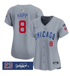 Women's Chicago Cubs #8 lan Happ Gray 'Ryne Sandberg Tribute' Vapor Limited V3 Stitched Baseball Jersey(Run Small)