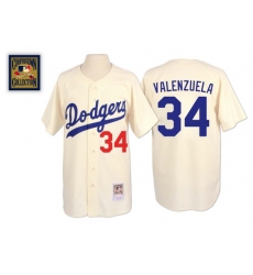 Men's Mitchell and Ness Los Angeles Dodgers #34 Fernando Valenzuela Replica Cream Throwback MLB Jersey