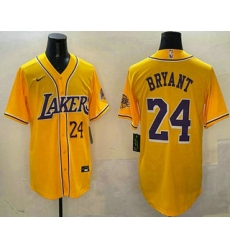 Men's Los Angeles Lakers #24 Kobe Bryant Number Yellow Purple With Cool Base Stitched Baseball Jersey