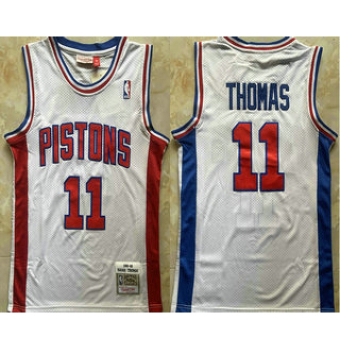 Men's Detroit Pistons #11 Isiah Thomas White 1988-89 Hardwood Classics Soul Swingman Throwback Jersey