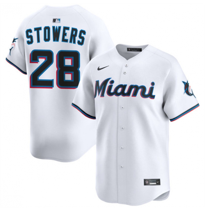 Men's Miami Marlins #28 Kyle Stowers White 2024 Home Limited Stitched Baseball Jersey