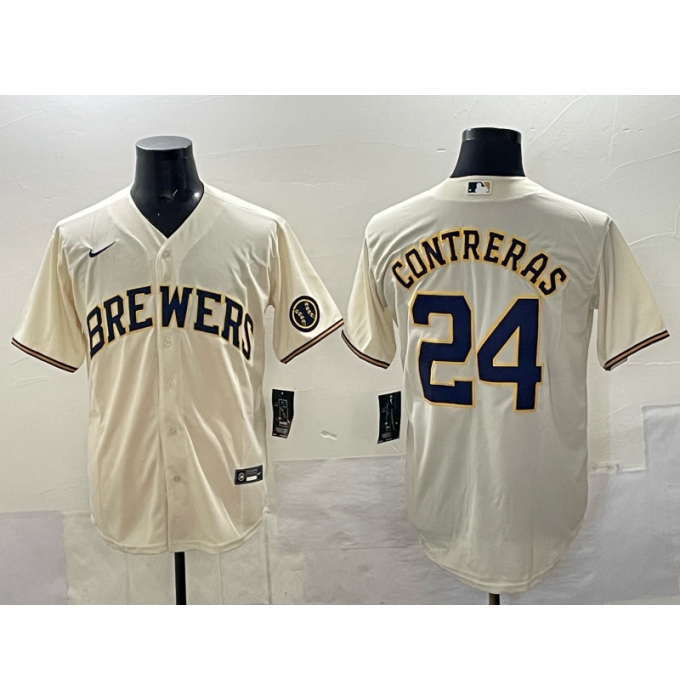 Men's Milwaukee Brewers #24 William Contreras Cream With Stitched Baseball Jersey