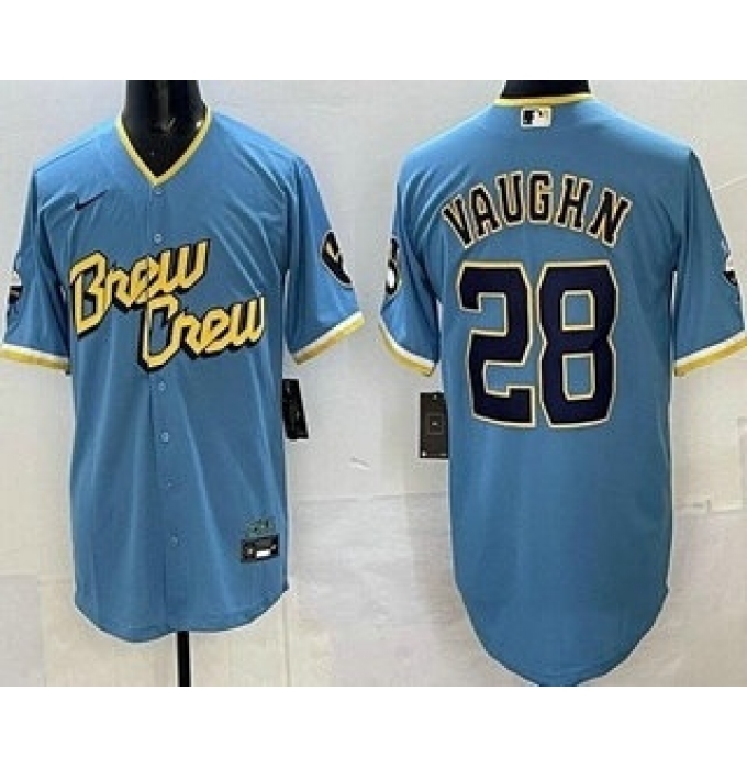 Men's Milwaukee Brewers #28 Andrew Vaughn Powder Blue 2022 City Connect Cool Base Jersey