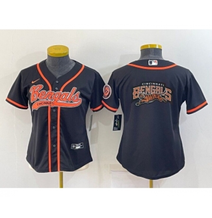 Women's Cincinnati Bengals Black Team Big Logo With Patch Cool Base Stitched Baseball Jersey