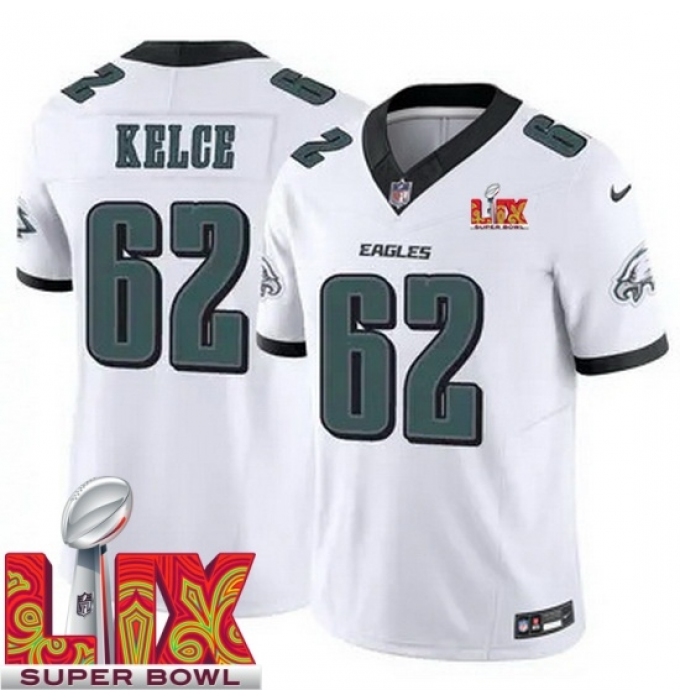 Men's Philadelphia Eagles Jason Kelce #62 White 2024 2025 Super Bowl LIX F U S E Stitched NFL Jersey