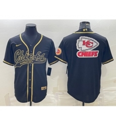 Men's Kansas City Chiefs Black Gold Team Big Logo With Patch Cool Base Stitched Baseball Jersey